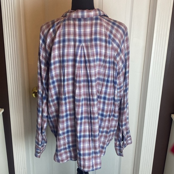 MUDD Women’s Tie Front Top Blue Wine White Plaid V-Neck Button Down Sz XL NWT - Picture 6 of 10